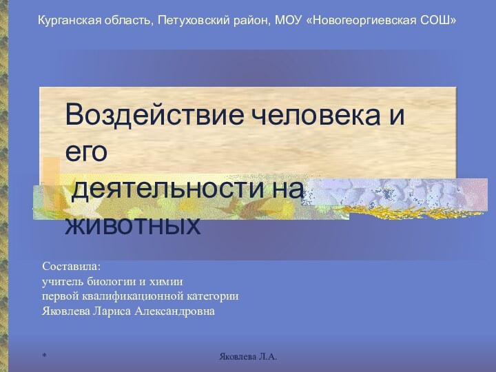 *Яковлева Л.А.Курганская область, Петуховский район, МОУ «Новогеоргиевская СОШ»Воздействие человека и его деятельности