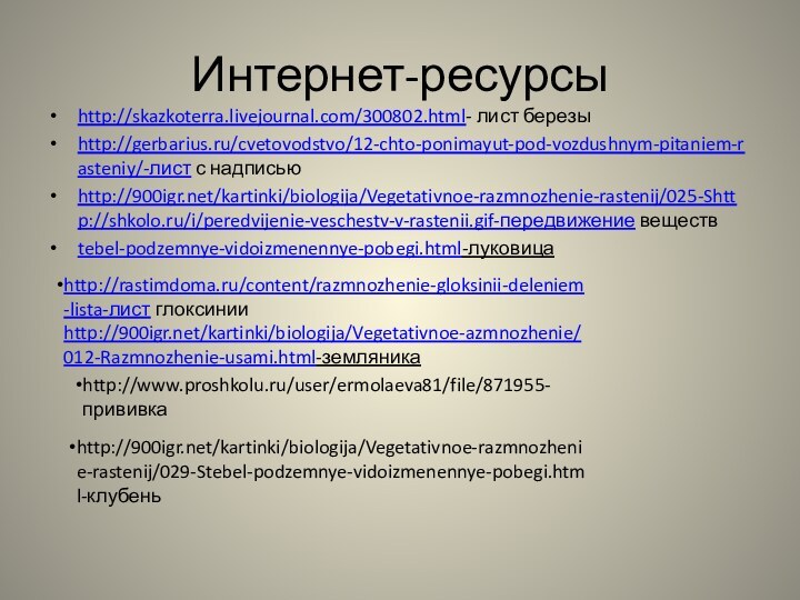 Интернет-ресурсыhttp://skazkoterra.livejournal.com/300802.html- лист березы http://gerbarius.ru/cvetovodstvo/12-chto-ponimayut-pod-vozdushnym-pitaniem-rasteniy/-лист с надписьюhttp:///kartinki/biologija/Vegetativnoe-razmnozhenie-rastenij/025-Shttp://shkolo.ru/i/peredvijenie-veschestv-v-rastenii.gif-передвижение веществtebel-podzemnye-vidoizmenennye-pobegi.html-луковицаhttp://rastimdoma.ru/content/razmnozhenie-gloksinii-deleniem-lista-лист глоксинии http:///kartinki/biologija/Vegetativnoe-azmnozhenie/012-Razmnozhenie-usami.html-земляникаhttp:///kartinki/biologija/Vegetativnoe-razmnozhenie/012-Razmnozhenie-usami.html http:///kartinki/biologija/Vegetativnoe-razmnozhenie/012-Razmnozhenie-usami.html http://www.proshkolu.ru/user/ermolaeva81/file/871955-прививкаhttp:///kartinki/biologija/Vegetativnoe-razmnozhenie-rastenij/029-Stebel-podzemnye-vidoizmenennye-pobegi.html-клубень