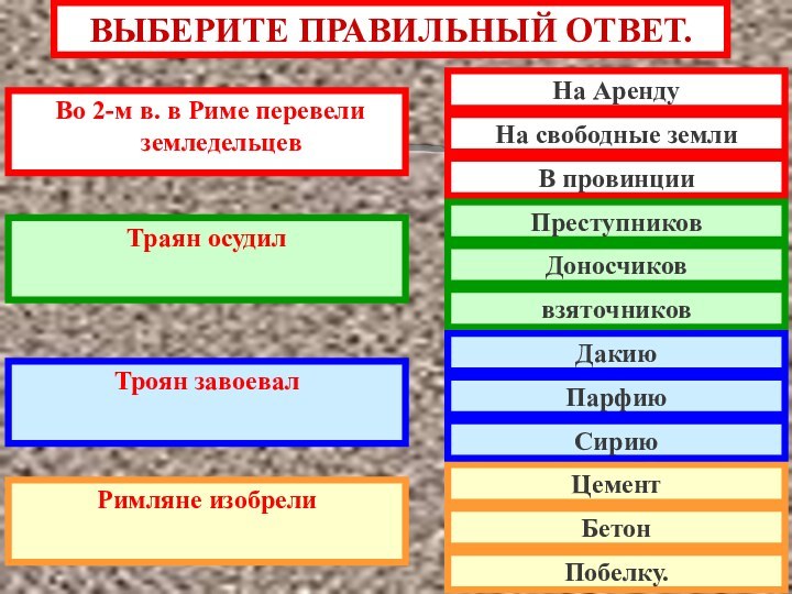 ВЫБЕРИТЕ ПРАВИЛЬНЫЙ ОТВЕТ. Во 2-м в. в Риме перевели земледельцевТраян осудилТроян завоевалРимляне