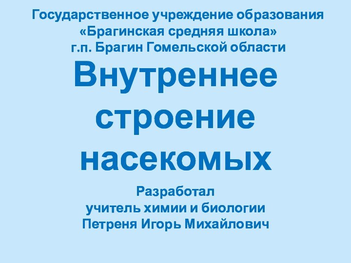 Внутреннее строение насекомыхРазработалучитель химии и биологииПетреня Игорь МихайловичГосударственное учреждение образования«Брагинская средняя школа»г.п. Брагин Гомельской области