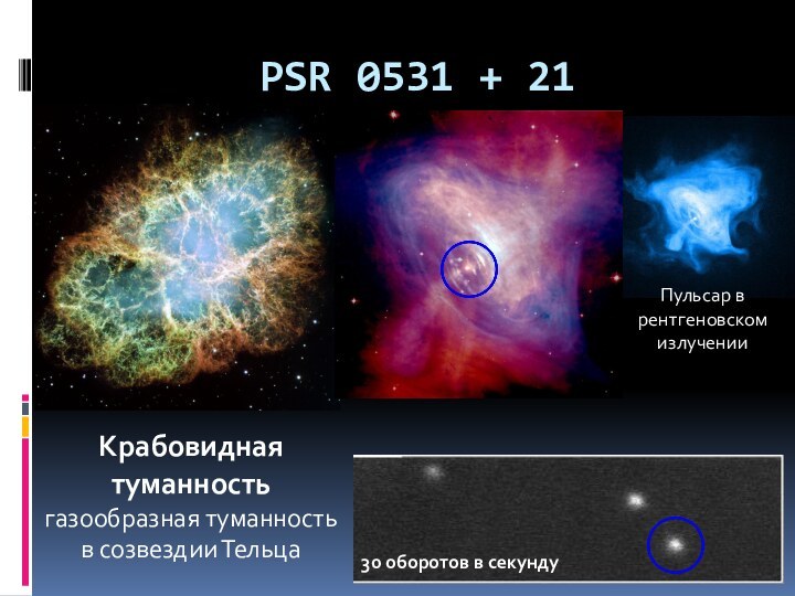 PSR 0531 + 21Крабовидная туманность газообразная туманность в созвездии Тельца30 оборотов в секундуПульсар в рентгеновском излучении