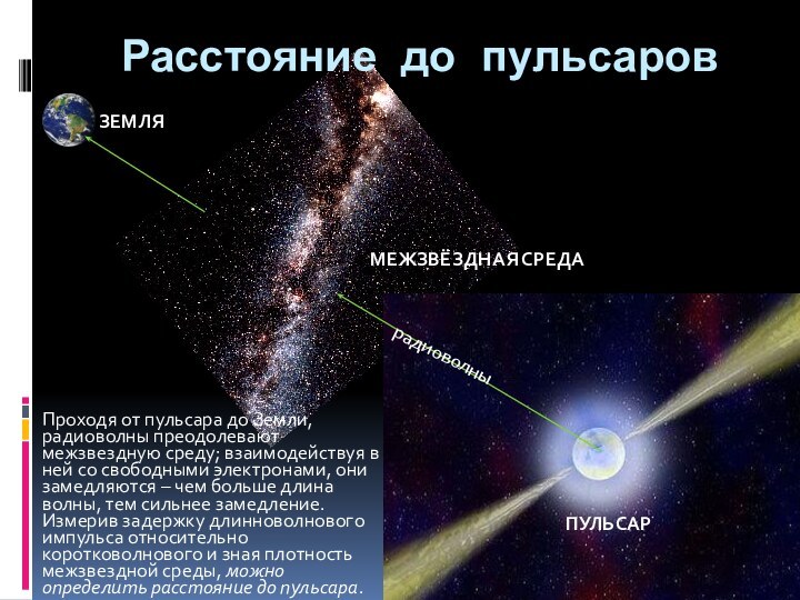 Расстояние до пульсаровПроходя от пульсара до Земли, радиоволны преодолевают межзвездную среду;