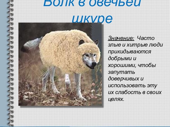 Волк в овечьей шкуреЗначение: Часто злые и хитрые люди прикидываются добрыми и