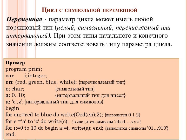 Цикл с символьной переменной Переменная - параметр цикла может иметь любой порядковый