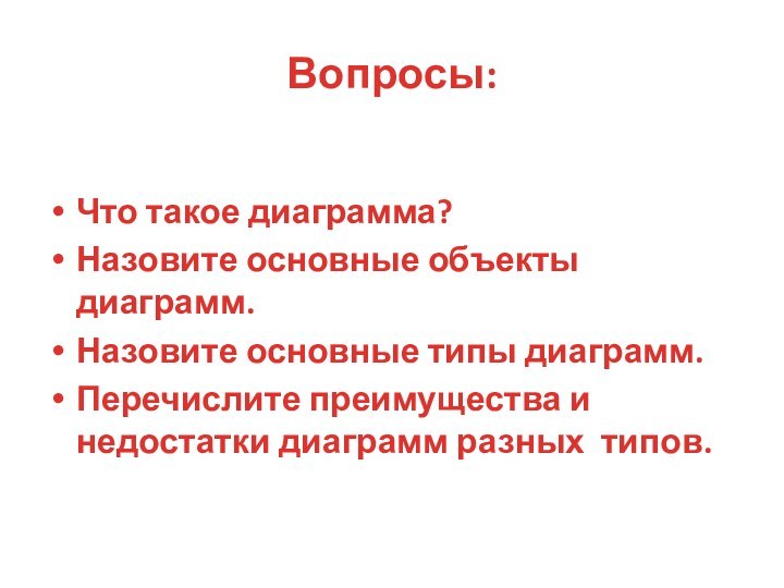 Что такое диаграмма?Назовите основные объекты диаграмм.Назовите основные типы диаграмм.Перечислите преимущества и недостатки диаграмм разных типов. Вопросы: