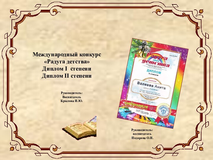 Достижения воспитанников  2013-2014 учебный годРуководитель: воспитатель Подорова О.Н.Руководитель: ВоспитательКрылова И.Ю. Международный