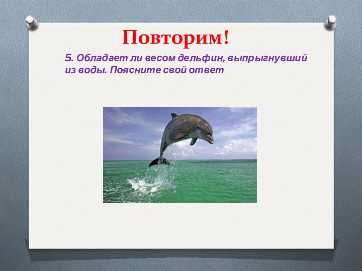 Повторим!5. Обладает ли весом дельфин, выпрыгнувший из воды. Поясните свой ответ