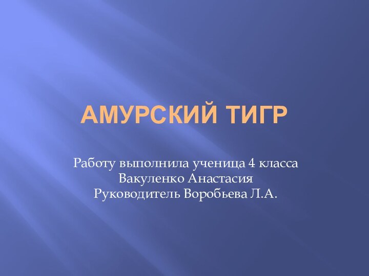 Амурский тигрРаботу выполнила ученица 4 классаВакуленко АнастасияРуководитель Воробьева Л.А.