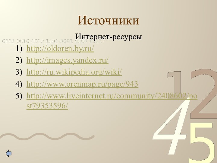 Источники              Интернет-ресурсыhttp://oldoren.by.ru/http://images.yandex.ru/http://ru.wikipedia.org/wiki/http://www.orenmap.ru/page/943http://www.liveinternet.ru/community/2408602/post79353596/