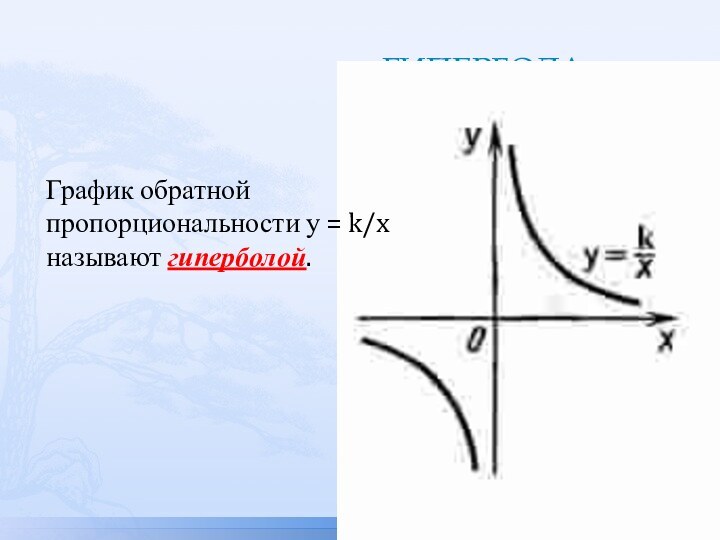 гиперболаГрафик обратной пропорциональности у = k/x называют гиперболой.