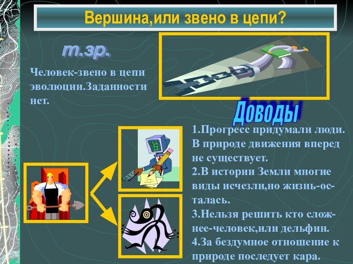 Вершина,или звено в цепи?т.зр. Доводы 1.Прогресс придумали люди.В природе движения вперед не