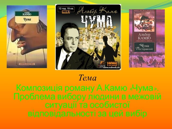 ТемаКомпозиція роману А.Камю «Чума». Проблема вибору людини в межовій ситуації та особистої відповідальності за цей вибір