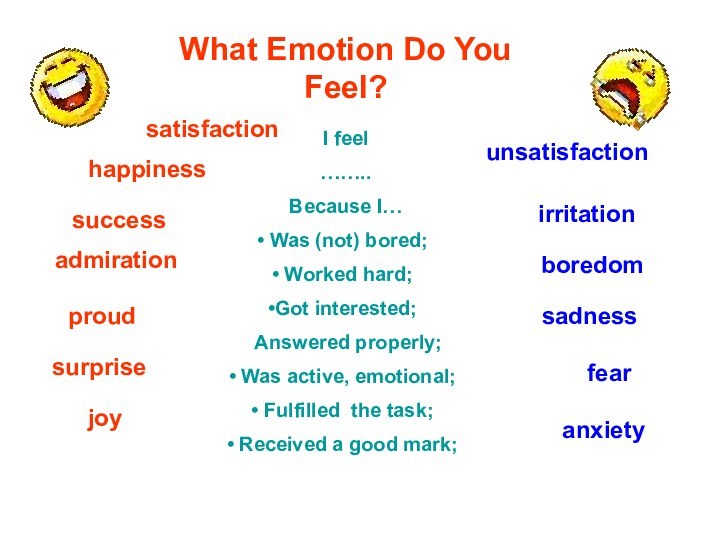 What Emotion Do You Feel?satisfactionhappinessjoysuccessadmirationproudsurpriseunsatisfactionirritationboredomsadnessanxietyfearI feel……..Because I… Was (not) bored; Worked hard;Got
