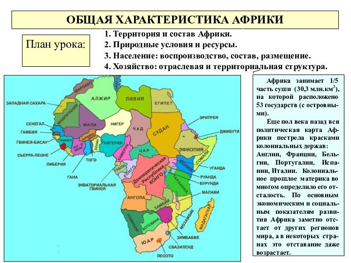 ОБЩАЯ ХАРАКТЕРИСТИКА АФРИКИПлан урока:1. Территория и состав Африки.2. Природные условия и ресурсы.3.