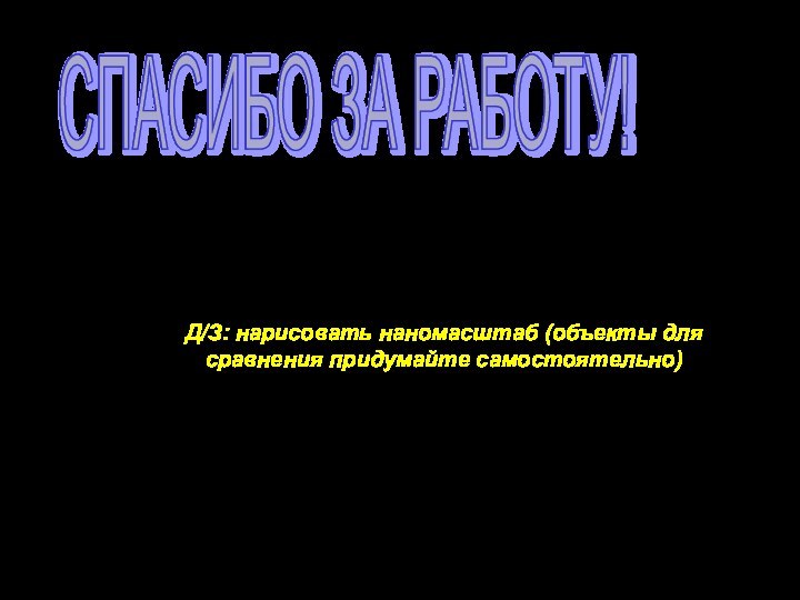 СПАСИБО ЗА РАБОТУ!Д/З: нарисовать наномасштаб (объекты для сравнения придумайте самостоятельно)