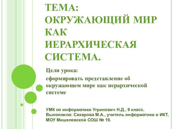 ТЕМА: ОКРУЖАЮЩИЙ МИР КАК ИЕРАРХИЧЕСКАЯ СИСТЕМА. Цели урока:сформировать представление об окружающем мире