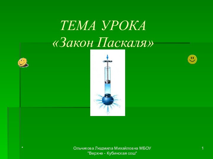 ТЕМА УРОКА «Закон Паскаля» *Ольчикова Людмила Михайловна МБОУ 