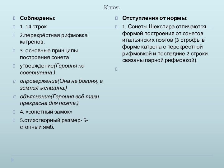 Ключ.Отступления от нормы:1. Сонеты Шекспира отличаются формой построения от сонетов итальянских поэтов