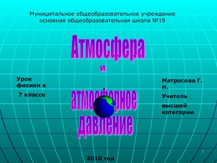 Атмосфера и атмосферное давление Муниципальное общеобразовательное учреждениеосновная общеобразовательная школа №19Урок физики в