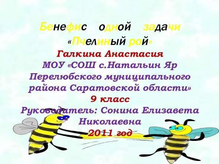 Бенефис  одной  задачи «Пчелиный рой» Галкина Анастасия МОУ «СОШ с.Натальин