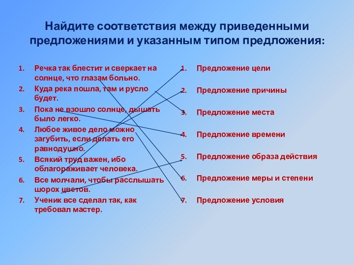 Найдите соответствия между приведенными предложениями и указанным типом предложения:Речка так блестит и