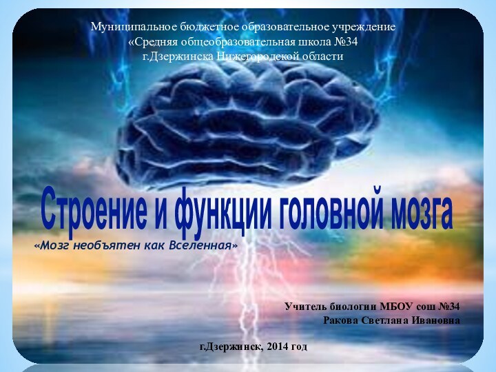 Строение и функции головной мозга«Мозг необъятен как Вселенная»     Муниципальное бюджетное