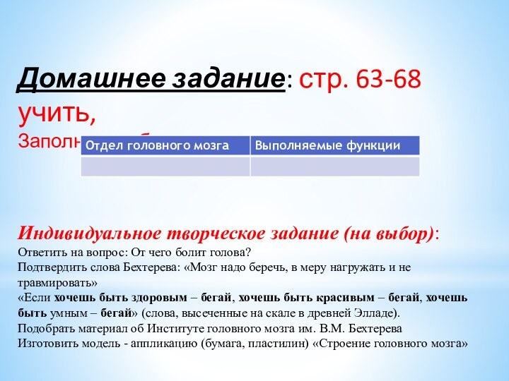 Домашнее задание: стр. 63-68 учить, Заполнить таблицуИндивидуальное творческое задание (на выбор): Ответить