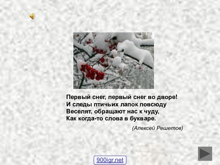 Первый снег, первый снег во дворе!И следы птичьих лапок повсюдуВеселят, обращают нас