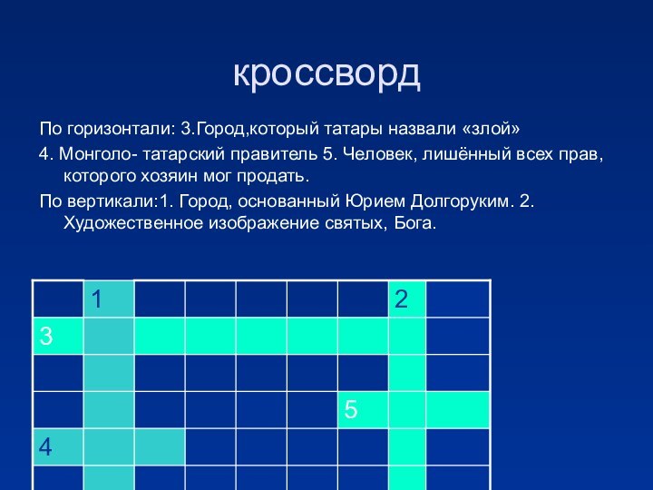 кроссвордПо горизонтали: 3.Город,который татары назвали «злой»4. Монголо- татарский правитель 5. Человек, лишённый