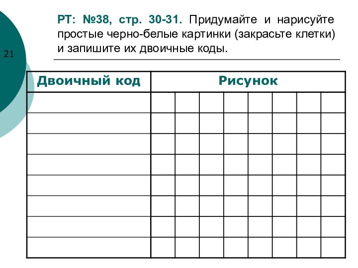 РТ: №38, стр. 30-31. Придумайте и нарисуйте простые черно-белые картинки (закрасьте клетки)