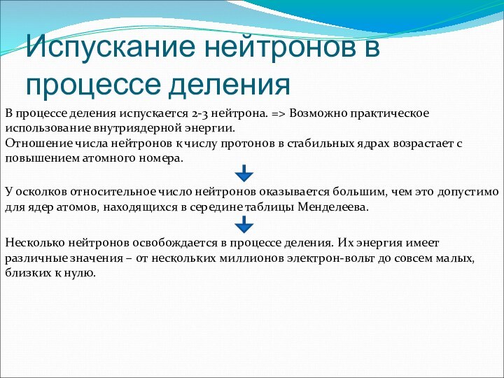 Испускание нейтронов в процессе деленияВ процессе деления испускается 2-3 нейтрона. => Возможно