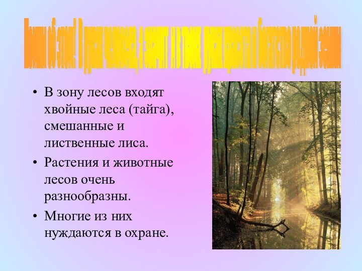 В зону лесов входят хвойные леса (тайга), смешанные и лиственные лиса.Растения и