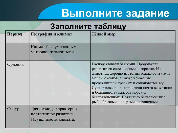 Выполните заданиеЗаполните таблицу