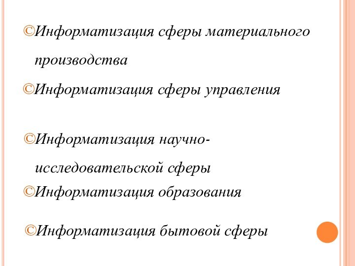 Информатизация сферы материального производстваИнформатизация сферы управленияИнформатизация научно-исследовательской сферыИнформатизация образованияИнформатизация бытовой сферы