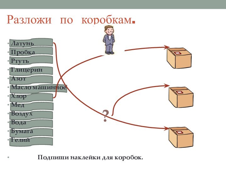 Разложи по коробкам.Латунь Пробка Ртуть Глицерин Азот Масло машинноеХлор Мед Воздух