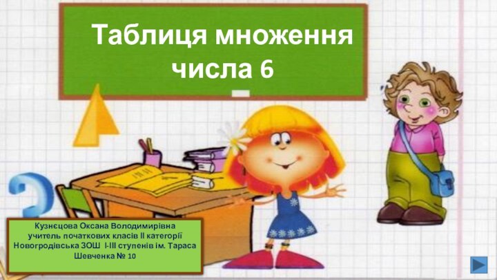 Таблиця множеннячисла 6Кузнєцова Оксана Володимирівнаучитель початкових класів ІІ категоріїНовогродівська ЗОШ І-ІІІ ступенів