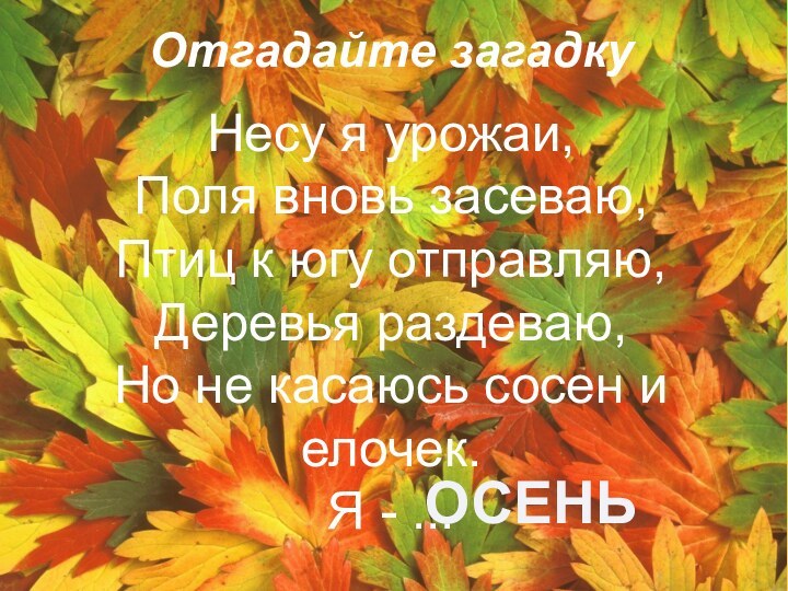 Отгадайте загадкуНесу я урожаи, Поля вновь засеваю, Птиц к югу отправляю, Деревья