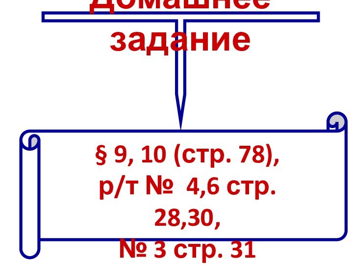 Домашнее задание§ 9, 10 (стр. 78), р/т № 4,6 стр. 28,30,№ 3 стр. 31