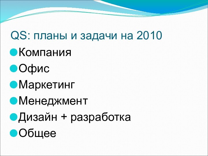 QS: планы и задачи на 2010КомпанияОфисМаркетинг МенеджментДизайн + разработкаОбщее