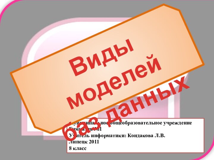 Муниципальное общеобразовательное учреждениеГимназия №1Учитель информатики: Кондакова Л.В.Липецк 20118 классВиды моделей баз данных