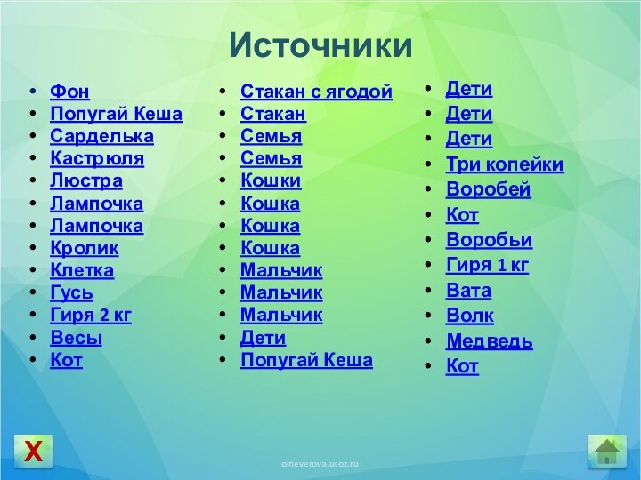 ИсточникиФонПопугай КешаСарделькаКастрюляЛюстраЛампочкаЛампочкаКроликКлеткаГусьГиря 2 кгВесыКот Стакан с ягодойСтаканСемьяСемья Кошки Кошка Кошка КошкаМальчикМальчикМальчикДетиПопугай КешаДетиДетиДетиТри копейкиВоробейКотВоробьиГиря 1 кгВатаВолкМедведьКотХ