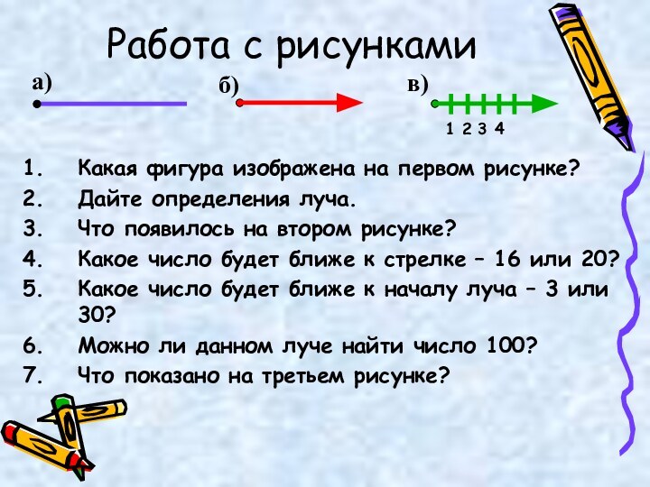 Работа с рисункамиа)Какая фигура изображена на первом рисунке?Дайте определения луча.Что появилось на