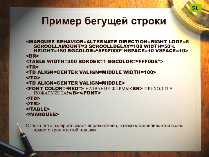 Пример бегущей строки НАЗВАНИЕ ФИРМЫ ПРИХОДИТЕ ПОЖАЛУЙСТА!Строка пять разпроплывает вправо-влево, затем останавливается