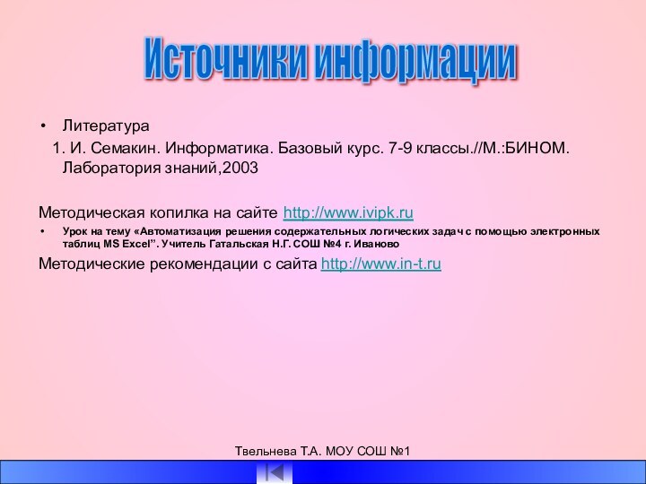 Твельнева Т.А. МОУ СОШ №1 Литература  1. И. Семакин. Информатика. Базовый