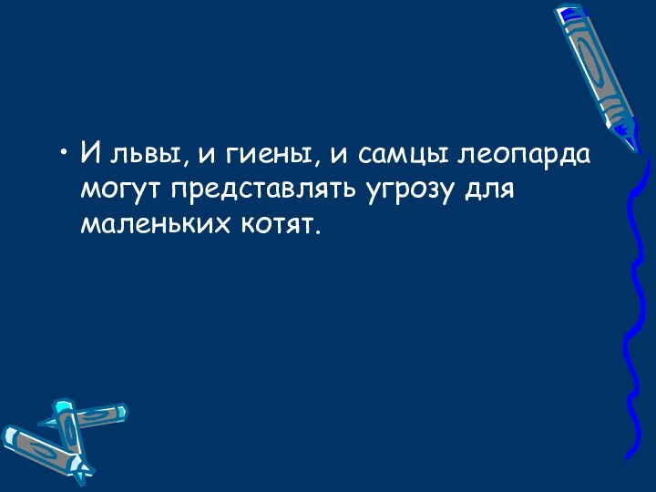 И львы, и гиены, и самцы леопарда могут представлять угрозу для маленьких котят.