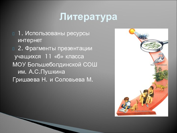 1. Использованы ресурсы интернет2. Фрагменты презентации учащихся 11 «б» класса МОУ Большеболдинской