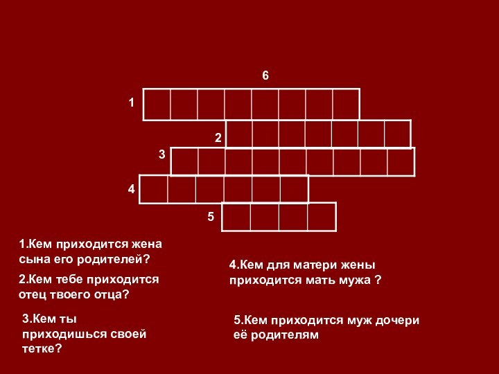 1234561.Кем приходится жена сына его родителей?2.Кем тебе приходится отец твоего отца?3.Кем ты