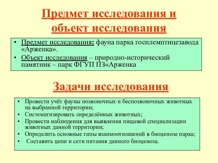 Предмет исследования и  объект исследования Предмет исследования: фауна парка госплемптицезавода «Арженка».