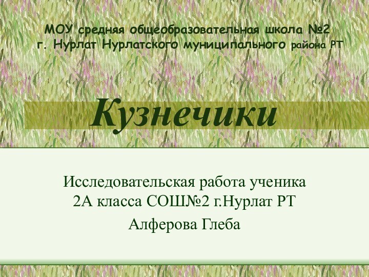 КузнечикиИсследовательская работа ученика 2А класса СОШ№2 г.Нурлат РТАлферова ГлебаМОУ средняя общеобразовательная школа