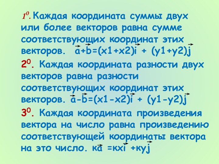 10. Каждая координата суммы двух или более векторов равна сумме соответствующих координат